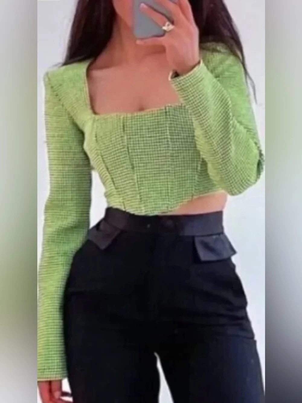 Zara Lime Green Houndstooth Cropped Top